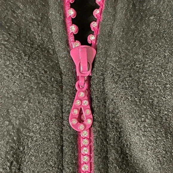 Quacker Factory Rhinestones Pink Zipper Black Fleece Comfy Sweater Women Size L - Picture 7 of 9
